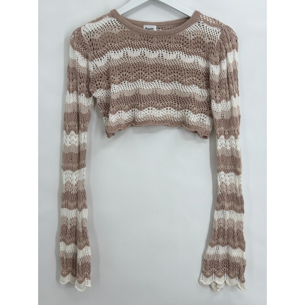 Princess Polly Tan Cream Striped Pointelle‎ Knit Cropped Long Sleeve Sweater 2